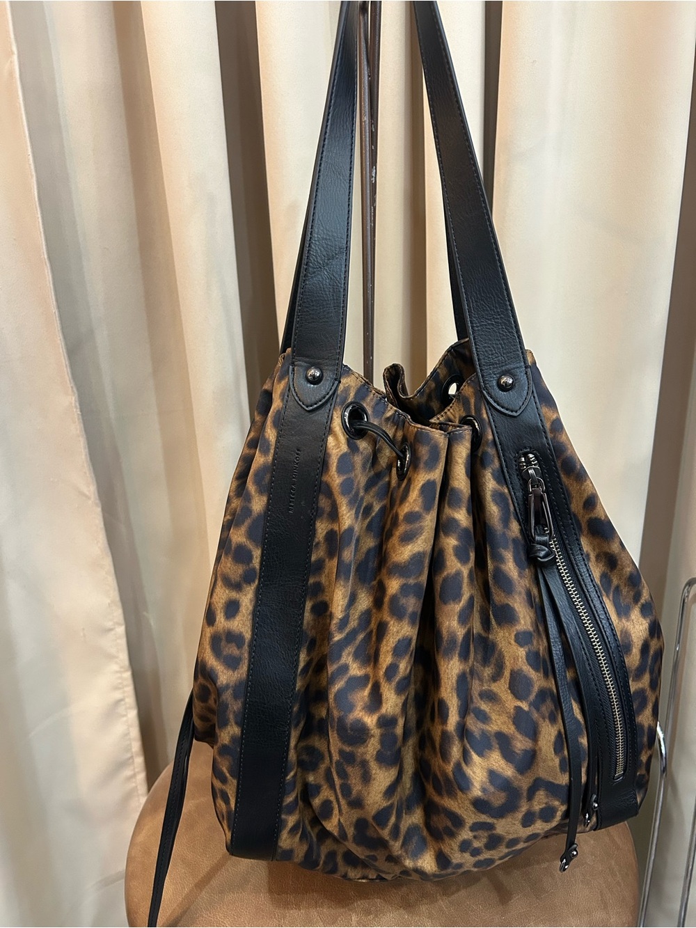 Rebecca Minkoff Leopard Print Drawstring Shoulder Bag with Black Trim